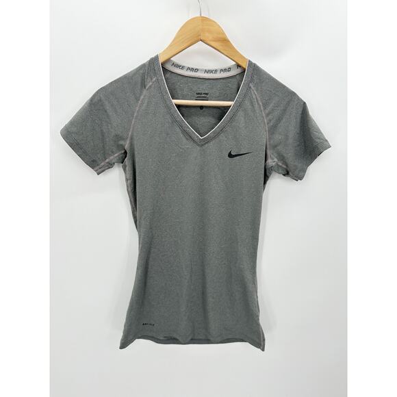Nike Pro Dri-Fit Grey Short Sleeve V-Neck Activewear T-Shirt Women's Size Small - Picture 1 of 8